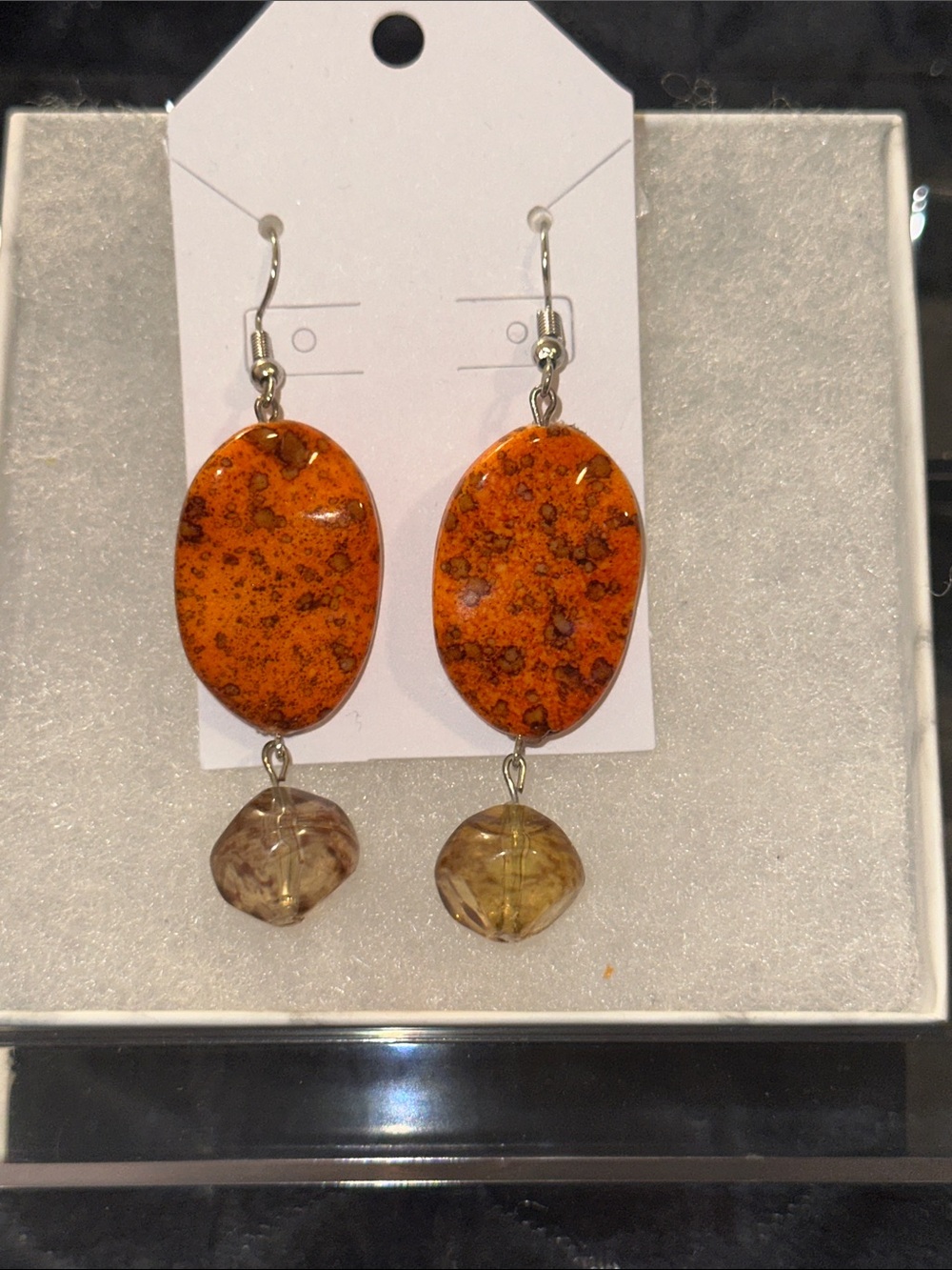 Handmade Orange Speckled Oval Drop Earrings with Amber Bead Dangles